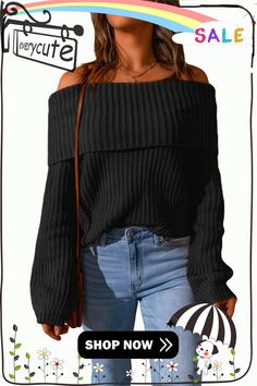 Black Ribbed Knit Foldover Off Shoulder Sweater Black Ribbed Outerwear For Winter, Black Cable Knit Outerwear For Fall, Black Tops For Cold Weather In Fall, Chic Black Ribbed Outerwear, Black Knit Sweater For Fall, Black Chunky Knit Sweater For Fall, Black Ribbed Sweater For Fall, Black Knitted Tops For Cold Weather, Black Knit Tops For Cold Weather