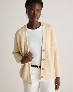 Discover the ultimate blend of comfort and sustainability with our 100% Organic Cotton Oversized Boyfriend Cardigan. This versatile piece effortlessly complements any outfit for everyday wear. Made from soft organic cotton, it's both eco-friendly and cozy. Complete with a button-down front and a classic fisherman stitch, this timeless cardigan is the perfect addition to any outfit. Looking for our cashmere iteration? Check it out hereAlso offered in sizes 1X-3X.  | Quince | Women's OverSized Boy Relaxed Fit Soft Knit Outerwear For Everyday, Everyday Relaxed Fit Soft Knit Outerwear, Comfortable Soft Knit Relaxed Fit Cardigan, Comfortable Soft Knit Cardigan With Relaxed Fit, Cozy Relaxed Fit Cardigan For Everyday, Everyday Soft Knit Relaxed Fit Cardigan, Comfortable Relaxed Fit Soft Knit Cardigan, Oversized Casual Neutral Cardigan, Comfortable Everyday Soft Knit Outerwear