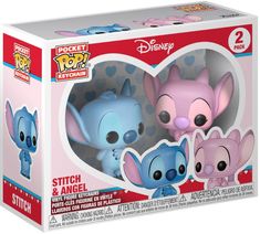 two pop vinyl toys in a box with the characters from disney's stitch and angel