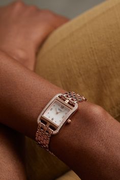 Hermès Timepieces' 'Montre Cape Cod' is infinitely classic. Swiss-made from 18-karat rose gold, it has an elegant bracelet strap and the label's iconic 'chaine d'ancre' case that houses a pretty mother-of-pearl dial. Complement the diamond-dotted indices with a matching bracelet or ring.  For warranty information, please refer to details & care     Each Hermès 'Cape Cod' watch comes with instructions on how to change the strap and a tool to enable you to do so Luxury Rose Gold Watch With Jubilee Bracelet, Elegant Rose Gold Watch With Metal Dial, Timeless Rose Gold Watches With Bracelet Strap, Rose Gold Jewelry And Watches For Formal Occasions, Elegant Watch With Rectangular Dial And Jubilee Bracelet, Elegant Diamond Watch With Bracelet Strap And Rectangular Dial, Formal Rose Gold Diamond Watch With Bracelet Strap, Everyday Luxury Rose Gold Jewelry With Diamond Hour Markers, Elegant Rose Gold Diamond Watch With Bracelet Strap