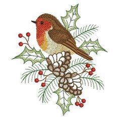 a small bird sitting on top of a holly branch with berries and pineconis