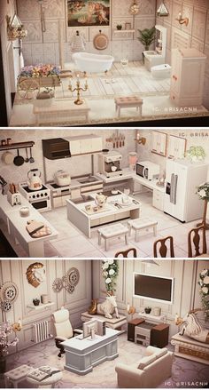 three different views of a model kitchen and living room