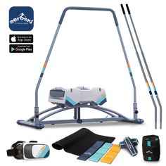 an exercise equipment set up on top of a white background with blue and yellow accents