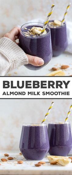 blueberry almond milk smoothie in two glasses with straws on the top and bottom