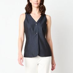 This Worthington's women's suit vest is an on-trend piece you need in your wardrobe to create polished ensembles. Made from a woven stretch denim, it looks great solo or layered over a tee or a button-down shirt and features a v-neckline, an adjustable back buckle and front button closures.Front Style: Single BreastedClosure Type: BuckleFit: Regular FitPockets: 2 Front Slip PocketsSleeve Length: SleevelessApparel Length: 26 InchesFiber Content: 77% Polyester, 18% Rayon, 5% SpandexFabric Descript Womens Suit Vest, Suit Vest, Suit Jackets, Stretch Denim, Suits For Women, Looks Great, Suit Jacket, Button Down Shirt, Buckle