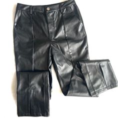 Brand New With Tags Never Worn High Waisted Split Mini Flare/ Straight Leg Fit Black Leather Pants By Francesca’s Alya, Size M. Fit True To Size. Please See The Flatlay Measurements Provided Below For Reference Before Purchasing! Retails $54, No Longer Available Online Or In Stores! Price Is Firm! Waist- 26” Rise- 11” Inseam- 29.5” Hips- 32” Black Non-stretch Faux Leather Pants, Leather Pants With Zipper Closure, Straight Leg, White Flare Pants, Edgy Faux Leather Full-length Pants, High Waisted Flare Pants, Fitted Full-length Leather Pants With Zipper Closure, Black Tight Full-length Leather Pants, White Flares, Party Pants