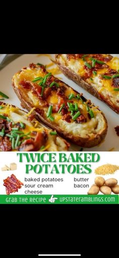 two baked potatoes with bacon, cheese and green onions are on a white platter