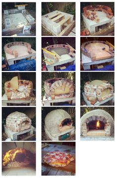 many different pictures of an outdoor pizza oven