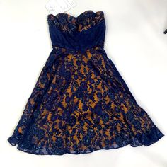 Betsey Johnson Sweetheart Strapless Cocktail Dress! Navy Lace Detail With Navy Iridescent Beading And Copper Orange Underlay Lining! One Of A Kind! Never Worn, Still With Tag! Soft Boning On The Sides. Side Zipper Detail. Straight From The Bj Runway Blue Strapless Dress With Sequins For Evening, Orange Strapless Fitted Dress For Evening, Orange Fitted Strapless Dress For Evening, Glamorous Blue Strapless Dress For Cocktail, Blue Lined Strapless Party Dress, Blue Lace Evening Dress For Cocktail, Blue Lace Cocktail Evening Dress, Bridesmaids Gowns, Navy And Copper