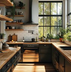 a kitchen with lots of wooden counter tops next to a window and potted plants