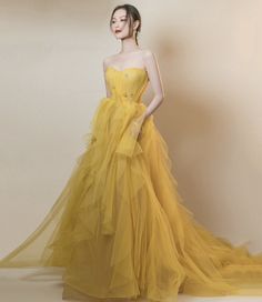 Yellow Evening Dress, Prom Dress Yellow, Contemporary Dress, Yellow Evening Dresses, Tulle Long Prom Dress, Prom Dress With Train, Alexis Mabille, Ruffle Beading, Prom Dresses Yellow