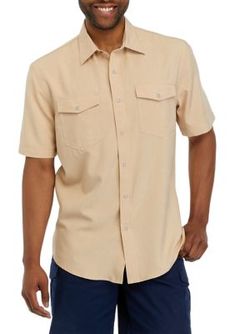 Classic and versatile, this solid button-down shirt from Ocean + Coast is finished with short sleeves, a point collar, and two pockets along the chest. | Ocean + Coast Men's Short Sleeve Chambray Western Button Down Shirt, Tan, Medium Chambray, Men Short Sleeve, Button Downs, Button Down Shirt, Short Sleeves, Mens Outfits, Collar