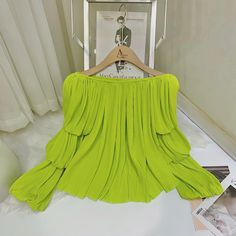 Question? Leave On The Comment Below! Chic Pleated Tops For Night Out, Trendy Green Evening Top, Spring Party Pleated Tops, Trendy Flowy Chiffon Blouse, Flowy Chiffon Trendy Blouse, Spring Party Chiffon Tops, Chic Pleated Party Blouse, Chic Pleated Blouse For Party, Trendy Flowy Green Blouse