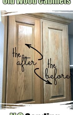 the before and after image shows how to paint wood cabinets with black lettering on them