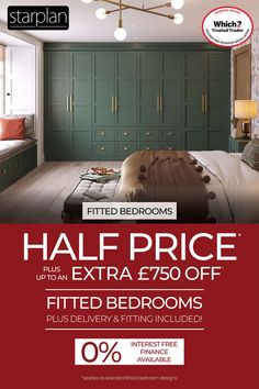 an advertisement for a bed room with green cupboards and white sheets on the floor