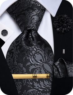 Black Tie Dark Grey Jacquard Floral Necktie Set for Men's Suit Dapper Suit And Tie Accessories For Father's Day, Elegant Black Tie Pocket Square, Elegant Pocket Square For Black-tie Events, Formal Ties For Father's Day, Elegant Ties With Pocket Square For Black-tie Events, Elegant Ties For Black-tie Events, Elegant Formal Ties For Father's Day, Black Pocket Square For Formal Occasions, Elegant Black Suit And Tie Accessories With Pocket Square