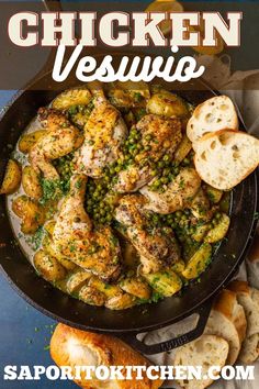 chicken vesua in a skillet with bread on the side and text overlay