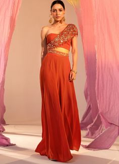 Rust Orange Embroidered One-Shoulder Tube Blouse With Palazzo Set Silky Bindra - Fabilicious Fashion Blouse And Palazzo, Tube Blouse, Diy Dresses, Placement Embroidery, Sangeet Outfit, Aditi Rao, Trendy Outfits Indian, Diwali Outfits, Outfits Indian