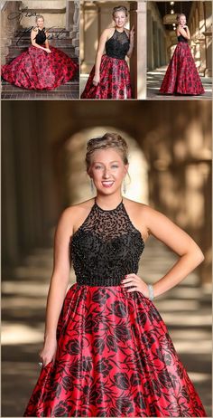 a woman in a red and black dress posing for the camera