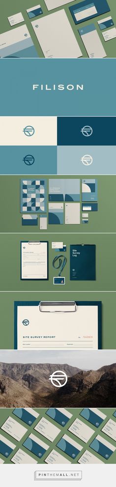 an assortment of different business cards and envelopes with the same design on them, all in blue and green