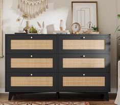 PRICES MAY VARY. Rattan Dresser for Bedroom--The distinctive rattan panel enhances the texture and spatial presence of this exceptional black rattan dresser. The natural wooden dresser adorned with handmade rattan weaving technology delivering perfect visual effect. The round gold metal handle and splayed legs add to its contemporary vibe, creating a personalized and distinctive aesthetic. Ample Storage Space--Measuring 47.2"Wx15.7"Dx29.3"H, this black bedroom dresser with drawers offers an arra Black And Natural Wood Dresser, Black Dresser Nursery Baby Boy, Cane And Black Dresser, Black And Brown Dresser, Black And Rattan Dresser, Black Woven Dresser, White Dresser Bedroom, Natural Wood Dresser, Black Ans Wood Dresser