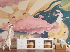 a child's room decorated in pastel colors with an unicorn and clouds mural