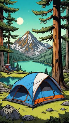 a tent is pitched up in the woods next to a lake and trees with mountains in the background