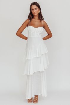 Madrid Tiered Ruffle Maxi Dress White by Selfie Leslie Long White Graduation Dress, White Beachy Dresses, Coastal Dresses, Two Piece White Dress, Senior Pics Outfits, White Dress Corset, White Long Dresses, White Dresses Long, Madrid Summer