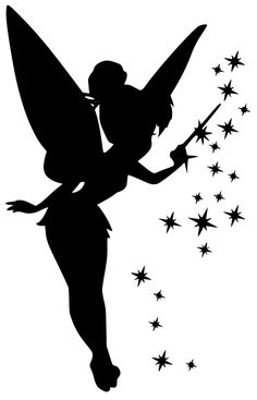 a black and white silhouette of a fairy with stars on her back, holding a wand