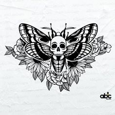 a black and white drawing of a butterfly with flowers on it's back side