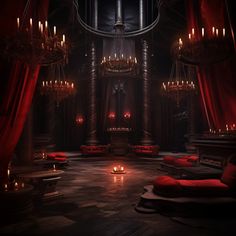 a dimly lit room with red couches and chandeliers on the ceiling, surrounded by candles