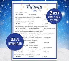 the nativity trivia printable for kids is shown in front of a blue background