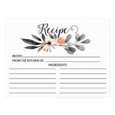 a recipe card with flowers on it