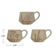 three coffee mugs with floral designs on them are shown next to the measurements for each cup