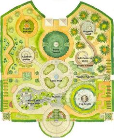 a garden plan with lots of trees and bushes