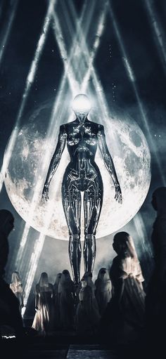 an alien standing in front of a full moon with many people looking at the scene