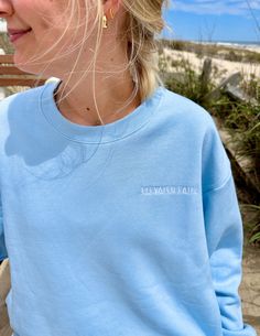 The Basics Dream Blue Unisex Crewneck is made with our Premium Blend Fleece and is designed to be worn year-round, made to last.   Size:   Model is 5'7" and wearing a size Small.  Fit:  Relaxed, Unisex Fit  Color:  Dream Blue  Composition:  70% Cotton, 30% Polyester  Features:  Super Soft, Pre-Shrunk ,  Embroidered Logo on Left Chest Cheap Blue Crew Neck Sweatshirt, Blue Washed Crew Sweatshirt, Light Blue Cotton Crew Neck Sweatshirt, Blue Relaxed Fit Crew Neck Sweatshirt, Washed Blue Crew Neck Sweatshirt Soft-washed, Unique Meaning, Faith Sign, Faith Clothing, Christian Sweatshirt