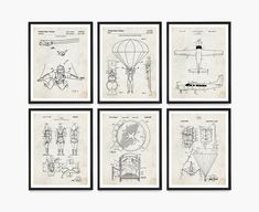 four blueprints of different types of planes and their parts are shown in black frames