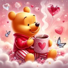 a cartoon bear holding a coffee cup in the clouds with hearts and butterflies around it