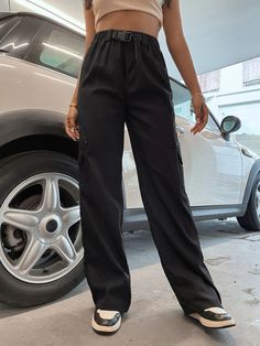 Add a unique and stylish twist to your wardrobe with these Flap Pocket Cargo Pants With Buckle Waist. These pants feature flap pockets that provide a functional and fashionable element to the design. The buckle waist adds an extra touch of detail and versatility. Made from high-quality materials, these cargo pants offer durability and a comfortable fit. Whether you dress them up or down, these flap pocket cargo pants with a buckle waist will make a statement in your outfit. Specifications: Style Chic High-waisted Cargo Pants With Flap Pockets, Chic Trousers With Multiple Pockets, Trendy Spring Bottoms With Flap Pockets, Chic High-waisted Pants With Multiple Pockets, Spring Parachute Pants With Flap Pockets, Utility Pants With Flap Pockets, Baggy Mid-rise Cargo Pants With Belt Loops, Casual Cargo Jeans With Belt Loops For Work, Casual Cargo Pants With Belt Loops For Fall