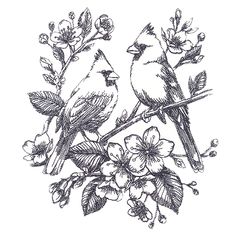 two birds sitting on top of a branch with flowers