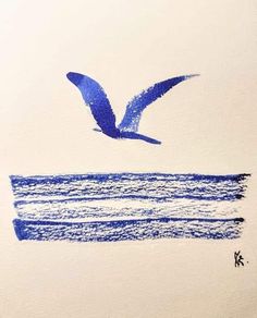 a drawing of a bird flying over the ocean