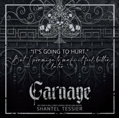 a black and white photo with the words garage on it's front, surrounded by ornate ironwork