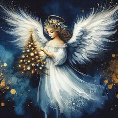 a painting of an angel holding a christmas tree with lights on it's sides