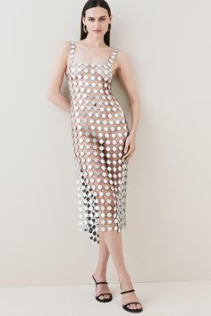 Mirrored Disc Side Split Maxi Dress | Karen Millen Crystal Mesh Dress, Work Christmas Party Dress, Disc Dress, Miley Cyrus Dress, Side Split Maxi Dress, Side Split Dress, Sheer Swimsuit, Minimal Accessories, Beige Heels