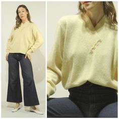 1980s lush Vintage Pullover Sweater in Muted Butter yellow featuring a unique high V-neckline with loop & glass button closure at the left side ~  Specifics: ribbed knit neckline, folded cuffs and waistline ~ label is removed but it is most likely a Lambswool/Angora Blend super soft with stretch. Great Vintage Condition: one darned repair on right sleeve at the back, near the shoulder seam, otherwise minimal signs of wear. See last image for detail. Sold As Is.  Label: YARNWORKS + Care label. Wo Retro Yellow Winter Sweater, Pale Yellow Sweater, Mustard Vintage Long Sleeve Sweater, Yellow Vintage Crew Neck Top, Vintage Yellow Long Sleeve Sweater, Vintage Pullovers, Pullover Sweater Women, Women Pullover, Pullover Sweaters