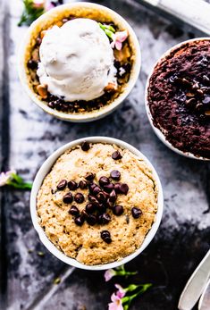 three dessert bowls with ice cream and chocolate chips