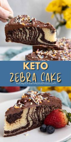 a piece of keto zebra cake on a white plate