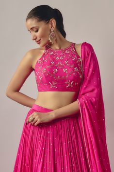 Fuchsia Pink Chinon Lehenga Set Design by WILDFLOWER BY KRISHNA at Pernia's Pop Up Shop 2024 Blouse Back Neck Designs Lehenga, Ajrak Lehenga, Pink Outfits Indian, Halter Neck Lehenga Blouse, Halter Lehenga, Lehenga Blouse Designs Sleeveless, Lehanga Blouses Designs Traditional, Lengha Blouse Design, Chaniyacholi Designer For Wedding