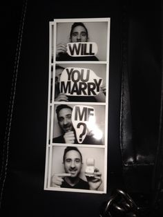 three stickers with the words will you marry me? and two men holding beer glasses